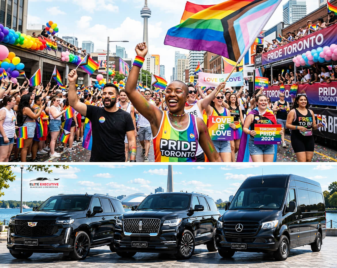 VIP private transfers for Toronto Pride events featuring luxury black cars, SUVs, and chauffeur fleet.