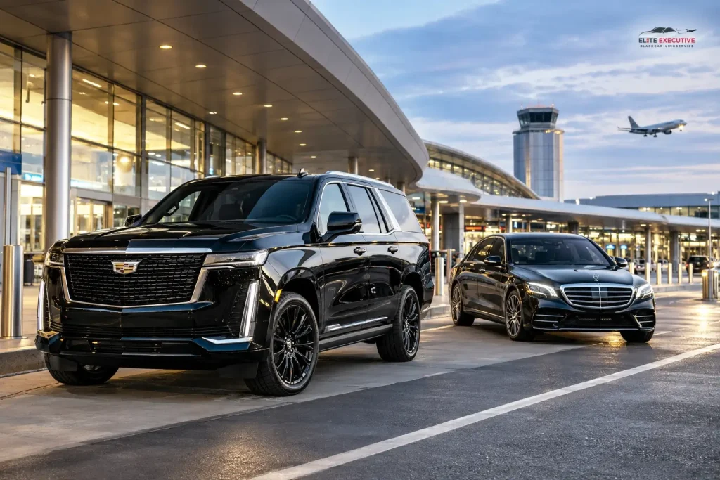 Luxury black Cadillac Escalade and Mercedes-Benz sedans parked curbside at Buffalo Niagara International Airport passenger pickup terminal. Book Luxury Buffalo Airport Limo Service.