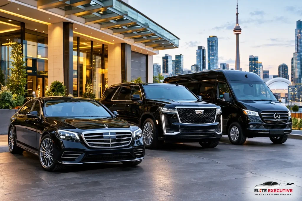 Premium ground transportation Toronto fleet featuring luxury executive sedans and SUVs outside a downtown venue.